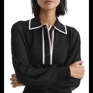 NEW Reiss Fran Black Button-Down Shirt with White Trim